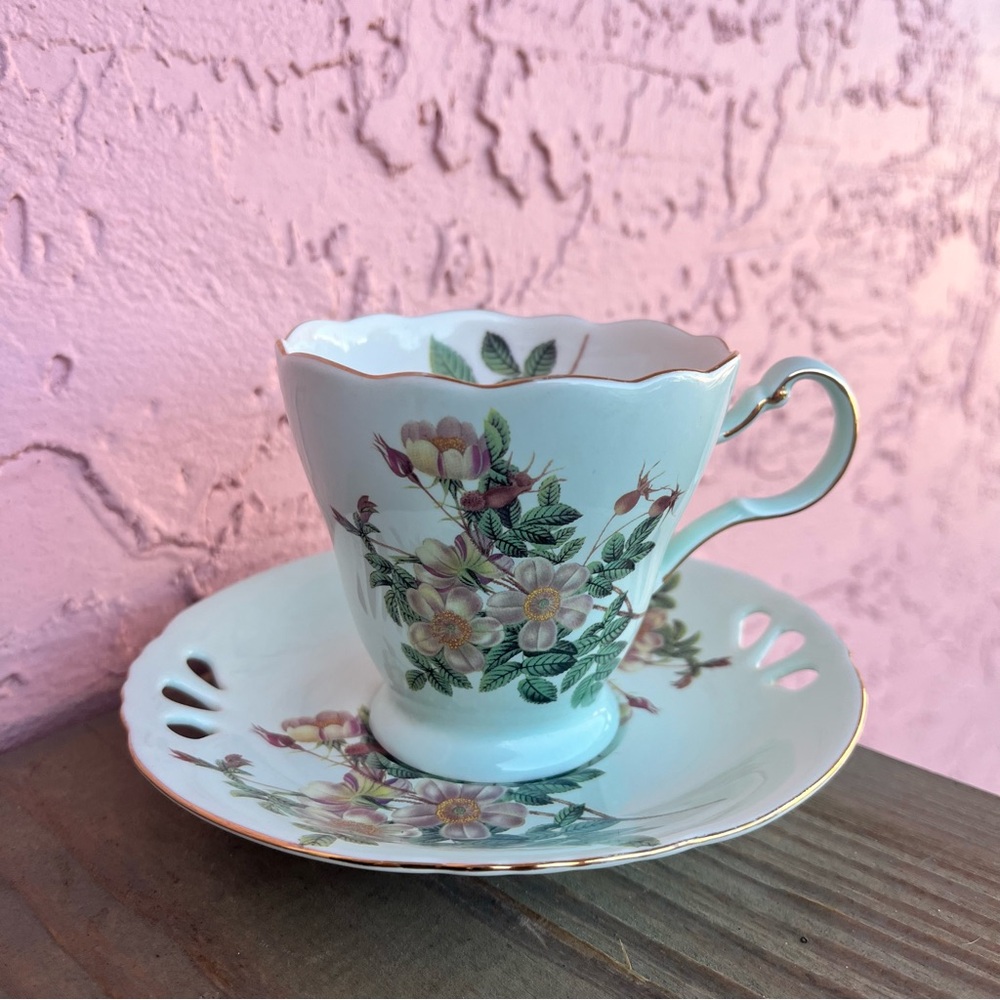 Meritage Floral Tea Cup Saucer Set Mint Green Dogwood